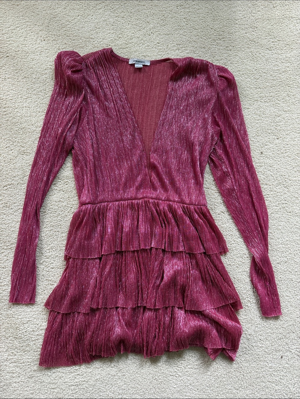 Sabina Musayev Metallic Pink Tiered Ruffle V‑Neck Mini Dress